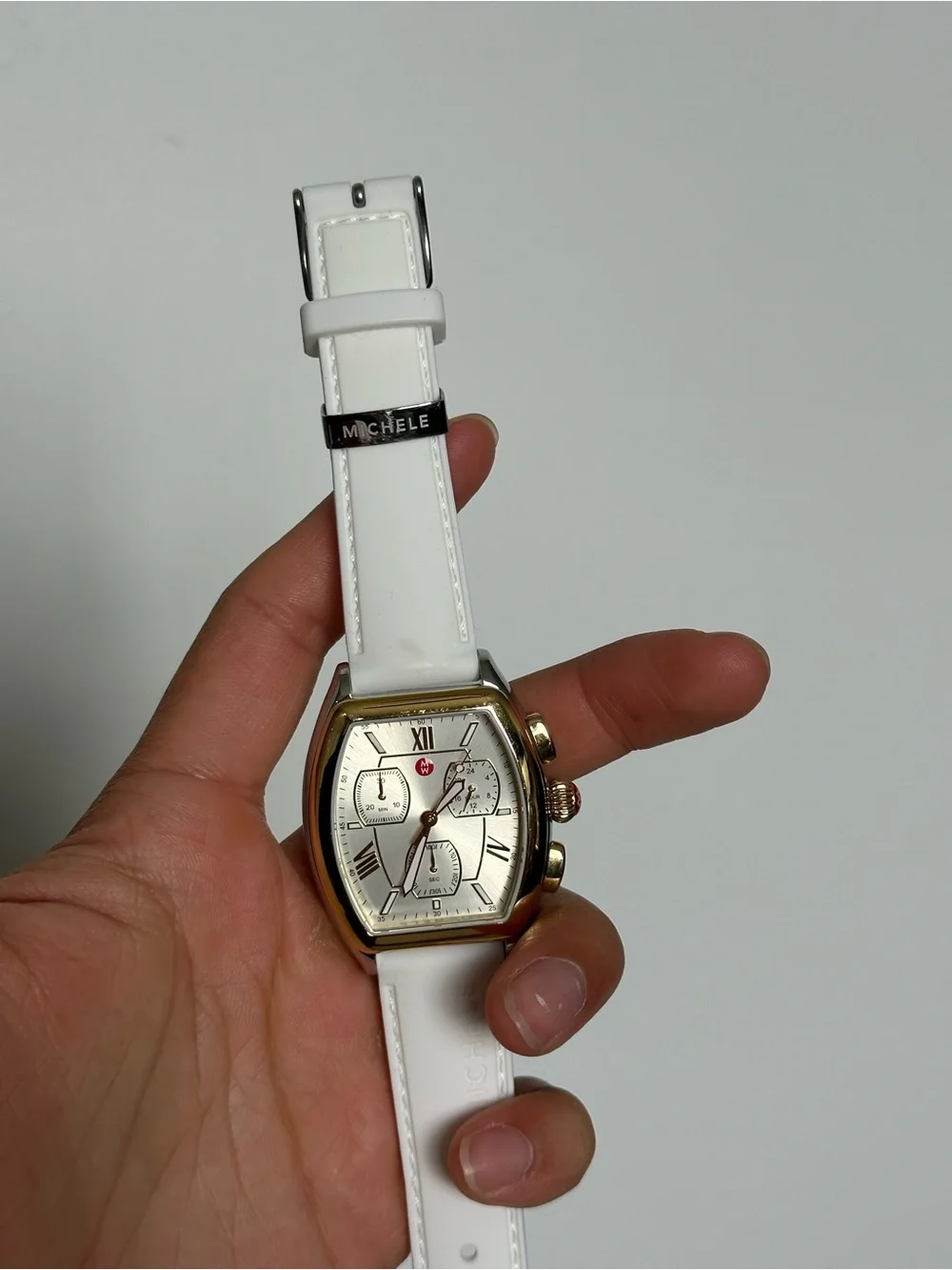 Michele White Strap Gold-Tone Chronograph Watch
